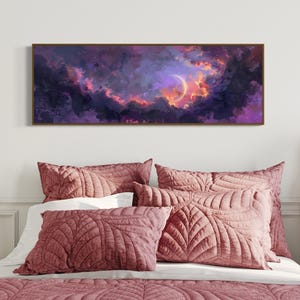 Dive into the ethereal beauty of a crescent moon cradled by vivid clouds in a surreal dreamscape. This stunning painting captures the enchanting dance of light and color, perfect for bringing a touch of wonder to any space.