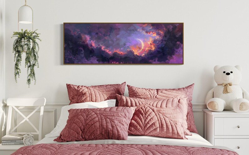 Dive into the ethereal beauty of a crescent moon cradled by vivid clouds in a surreal dreamscape. This stunning painting captures the enchanting dance of light and color, perfect for bringing a touch of wonder to any space.