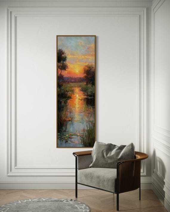 Sunset Landscape Art Print – Tranquil Nature Wall Decor, Water Lily Pond Painting, Rustic Lake House Wall Art, Impressionist Sunset Scene