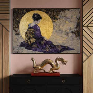 May include: A gold dragon statue on a red base in front of a painting of a woman in a purple kimono standing in front of a gold moon.