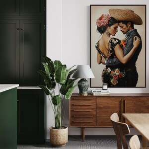 Romantic artwork of a Mexican couple in traditional attire, adorned with vibrant floral embroidery. Their intimate pose and exquisite details evoke passion and cultural elegance, perfect for adding warmth and charm to your home.