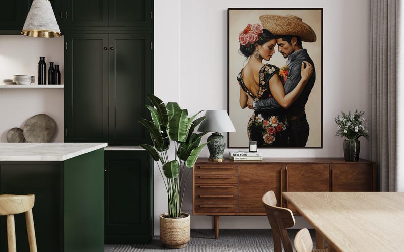 Romantic artwork of a Mexican couple in traditional attire, adorned with vibrant floral embroidery. Their intimate pose and exquisite details evoke passion and cultural elegance, perfect for adding warmth and charm to your home.