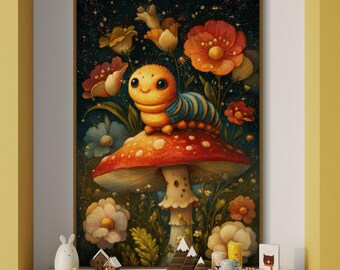 Whimsical Caterpillar Art Print – Cute Fantasy Mushroom Wall Decor, Fairycore Woodland Nursery Artwork, Enchanted Nature Illustration