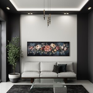 This Victorian-inspired floral canvas art showcases a stunning arrangement of roses in soft pink, cream, and deep red hues. Set against a moody dark blue background, it exudes timeless elegance and romantic charm.