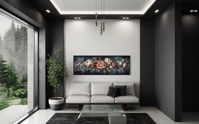 This Victorian-inspired floral canvas art showcases a stunning arrangement of roses in soft pink, cream, and deep red hues. Set against a moody dark blue background, it exudes timeless elegance and romantic charm.