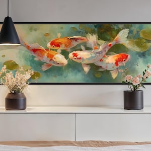 Vibrant koi fish art print featuring five colorful koi swimming among soft lily pads in a dreamy pond. This serene piece is a high-resolution canvas reproduction of an original painting, with no physical texture. Ideal for tranquil decor and Zen-inspired spaces.
