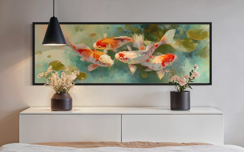 Vibrant koi fish art print featuring five colorful koi swimming among soft lily pads in a dreamy pond. This serene piece is a high-resolution canvas reproduction of an original painting, with no physical texture. Ideal for tranquil decor and Zen-inspired spaces.