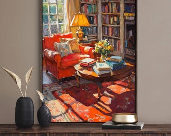 Cozy Library Nook Canvas – Vintage Book Lover Decor, Warm Reading Print, Classic English Home Art for Living Room, Study, or Above Bed