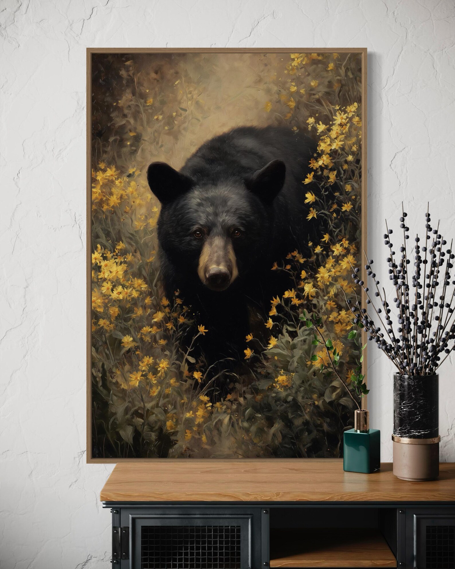 Black Bear in Wildflowers Art Print - Rustic Woodland Animal Wall Art ...