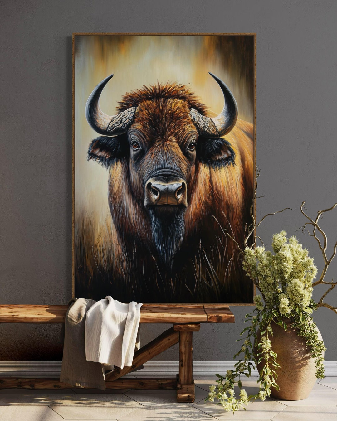 Native American Bison Canvas Art Rustic Buffalo Print for Man Cave or
