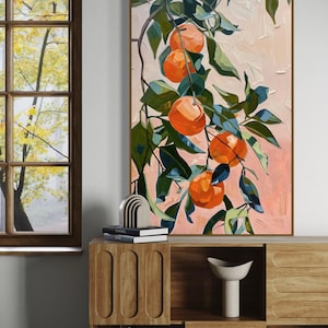In this abstract painting, vibrant mandarins dangle amidst lush foliage, where bold strokes and vivid colors capture the essence of nature’s sweetness.