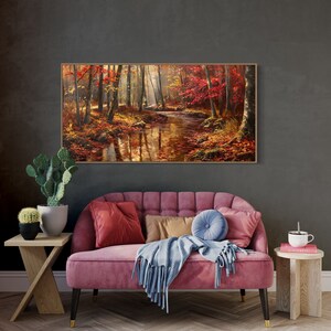 Autumn Whisper: A tranquil forest brook winds through a golden autumnal embrace, flanked by fiery red leaves and bathed in soft, dappled sunlight.
