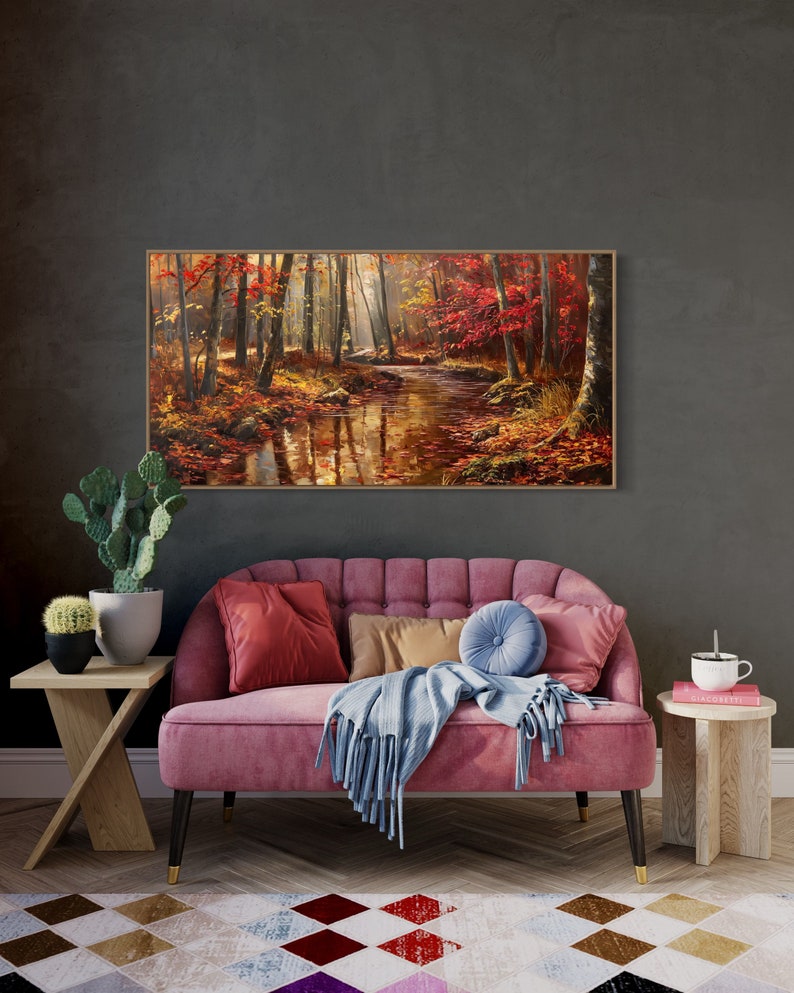 Autumn Whisper: A tranquil forest brook winds through a golden autumnal embrace, flanked by fiery red leaves and bathed in soft, dappled sunlight.