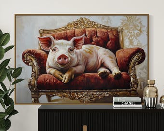 Royal Pig on Velvet Throne – Funny Farmhouse Animal Art Print, Whimsical Pig Wall Decor, Vintage Couch Animal Painting Print