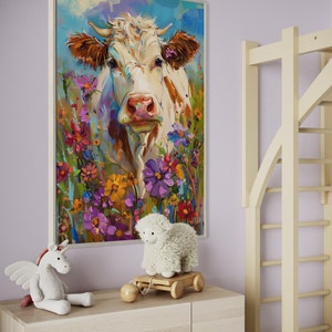 Whimsical Bovine Beauty - A lively painting of a cow among a splash of colourful wildflowers, rendered in a playful, impressionistic style.