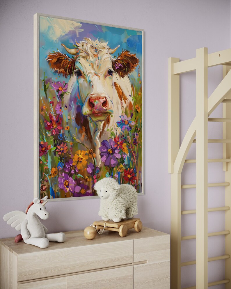 Whimsical Bovine Beauty - A lively painting of a cow among a splash of colourful wildflowers, rendered in a playful, impressionistic style.