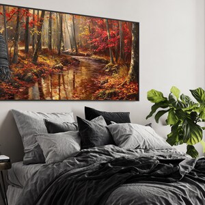 Autumn Whisper: A tranquil forest brook winds through a golden autumnal embrace, flanked by fiery red leaves and bathed in soft, dappled sunlight.