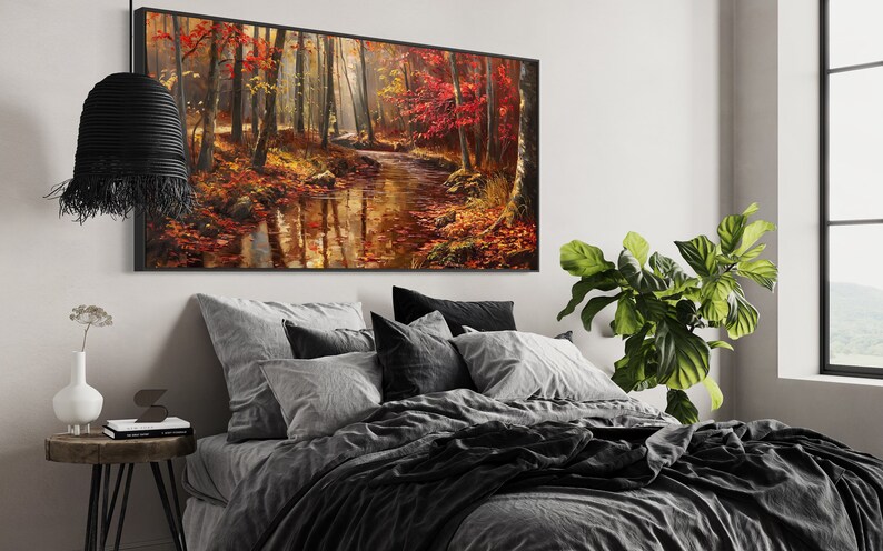 Autumn Whisper: A tranquil forest brook winds through a golden autumnal embrace, flanked by fiery red leaves and bathed in soft, dappled sunlight.