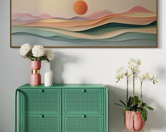 Panorama abstracto de puesta de sol - Impresión en lienzo de arte natural, decoración bohemia colorida para encima de la cama, arte de pared largo y estrecho