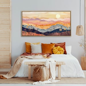 Serene rolling hills under a gentle sun, depicted in warm, soothing tones and stylized layers, evoke a sense of calm and whimsy in this pastoral landscape.