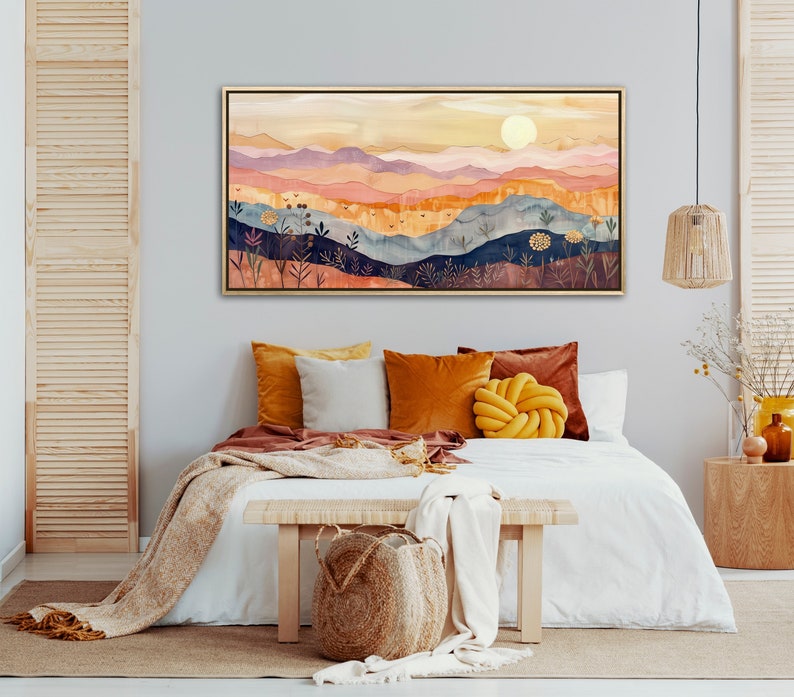 Serene rolling hills under a gentle sun, depicted in warm, soothing tones and stylized layers, evoke a sense of calm and whimsy in this pastoral landscape.
