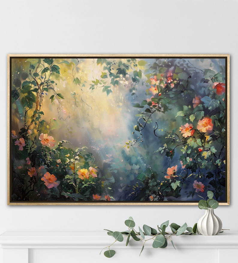 A sun-dappled garden, lush with blooming roses and climbing vines, bathes in the gentle caress of morning light, creating a serene and enchanting scene.