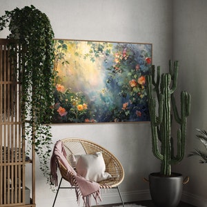 A sun-dappled garden, lush with blooming roses and climbing vines, bathes in the gentle caress of morning light, creating a serene and enchanting scene.