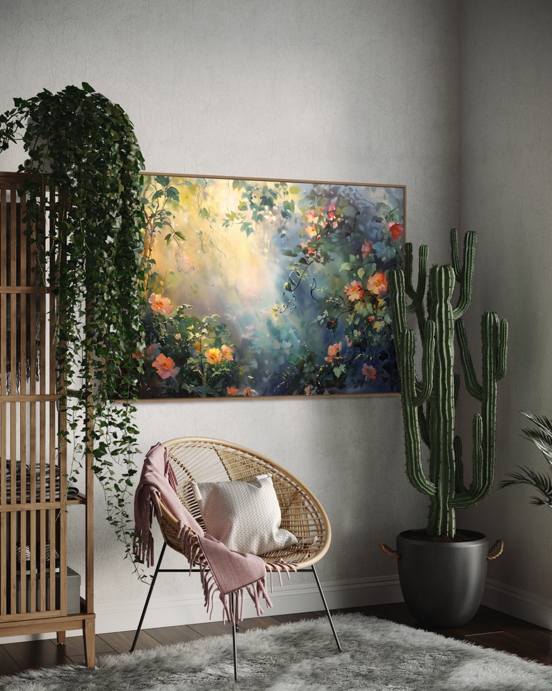A sun-dappled garden, lush with blooming roses and climbing vines, bathes in the gentle caress of morning light, creating a serene and enchanting scene.