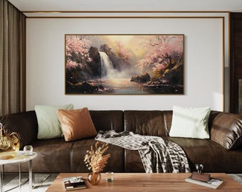 Cherry Blossom Waterfall Canvas – Serene Japanese Landscape