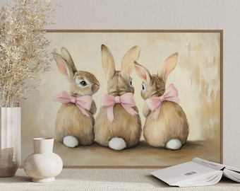 Whimsical Bunny Trio Canvas – Soft Pastel Rabbit Print, Vintage Nursery Art, Cottagecore Easter Decor, Adorable Woodland Animal Wall Art