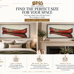 The image is an advertisement for wall art, featuring a large red canoe on a wall with a fireplace below it. The ad provides instructions for finding the perfect size of wall art for a space, including taking a photo, measuring the area, creating a mock-up, and sending it to the artist.