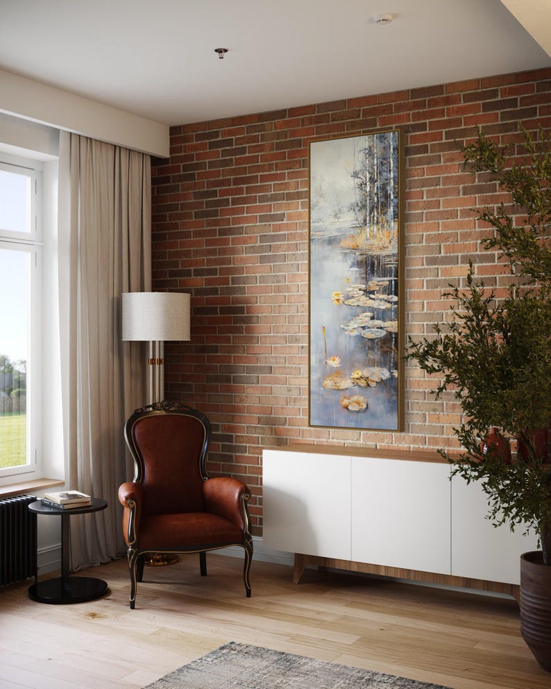This serene painting features a tranquil pond with lily pads and birch trees. The soft, muted colors and delicate details create a peaceful, reflective scene, perfect for adding a touch of nature and calm to any space.