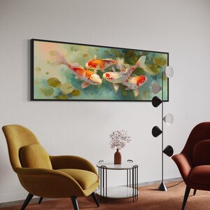 Vibrant koi fish art print featuring five colorful koi swimming among soft lily pads in a dreamy pond. This serene piece is a high-resolution canvas reproduction of an original painting, with no physical texture. Ideal for tranquil decor and Zen-inspired spaces.