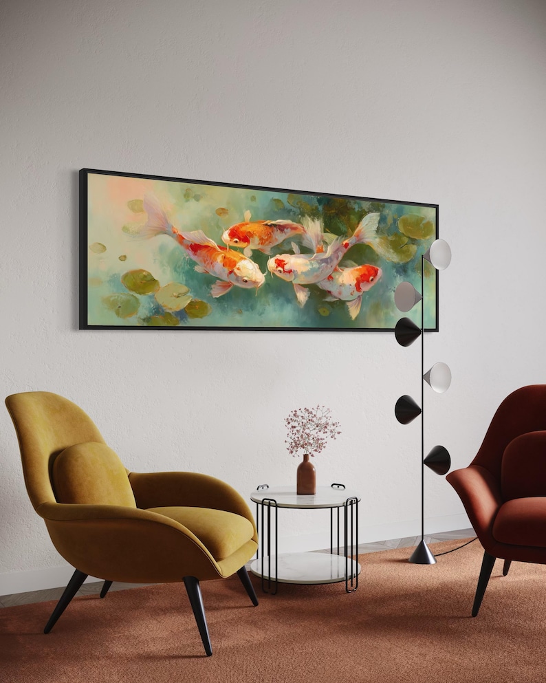 Vibrant koi fish art print featuring five colorful koi swimming among soft lily pads in a dreamy pond. This serene piece is a high-resolution canvas reproduction of an original painting, with no physical texture. Ideal for tranquil decor and Zen-inspired spaces.