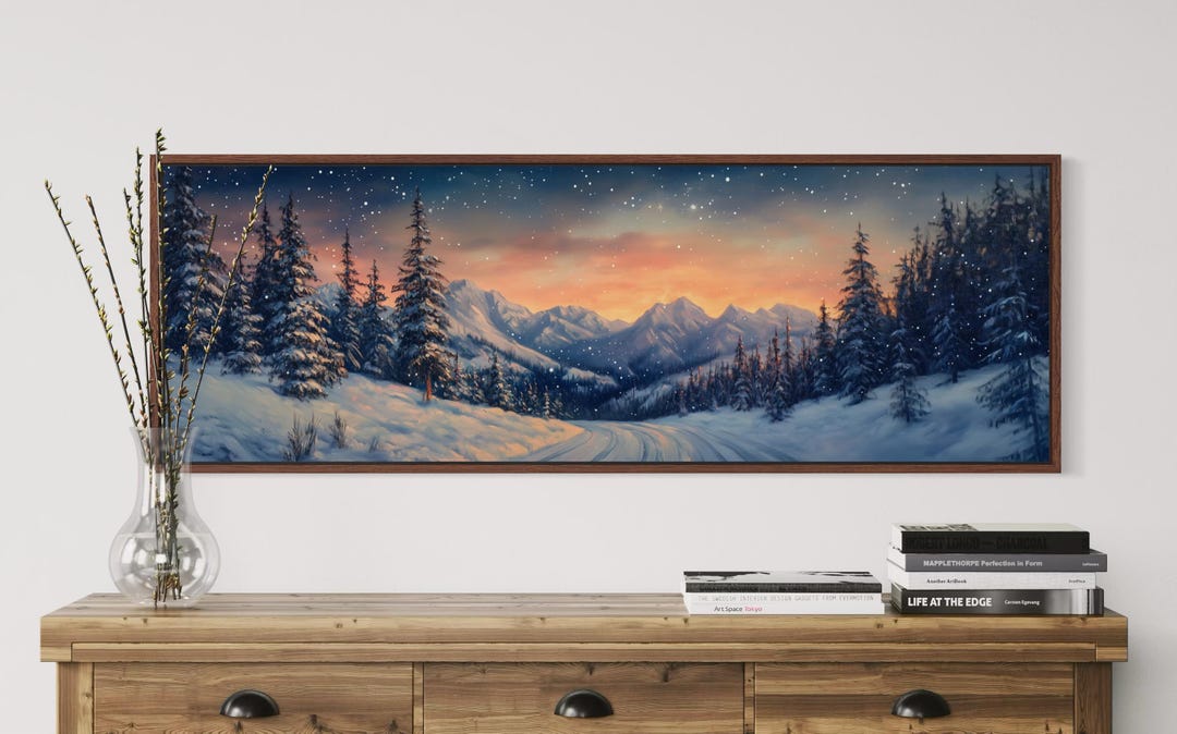 Winter Mountain Landscape Art Print – Snowy Forest Wall Art, Cozy Cabin ...