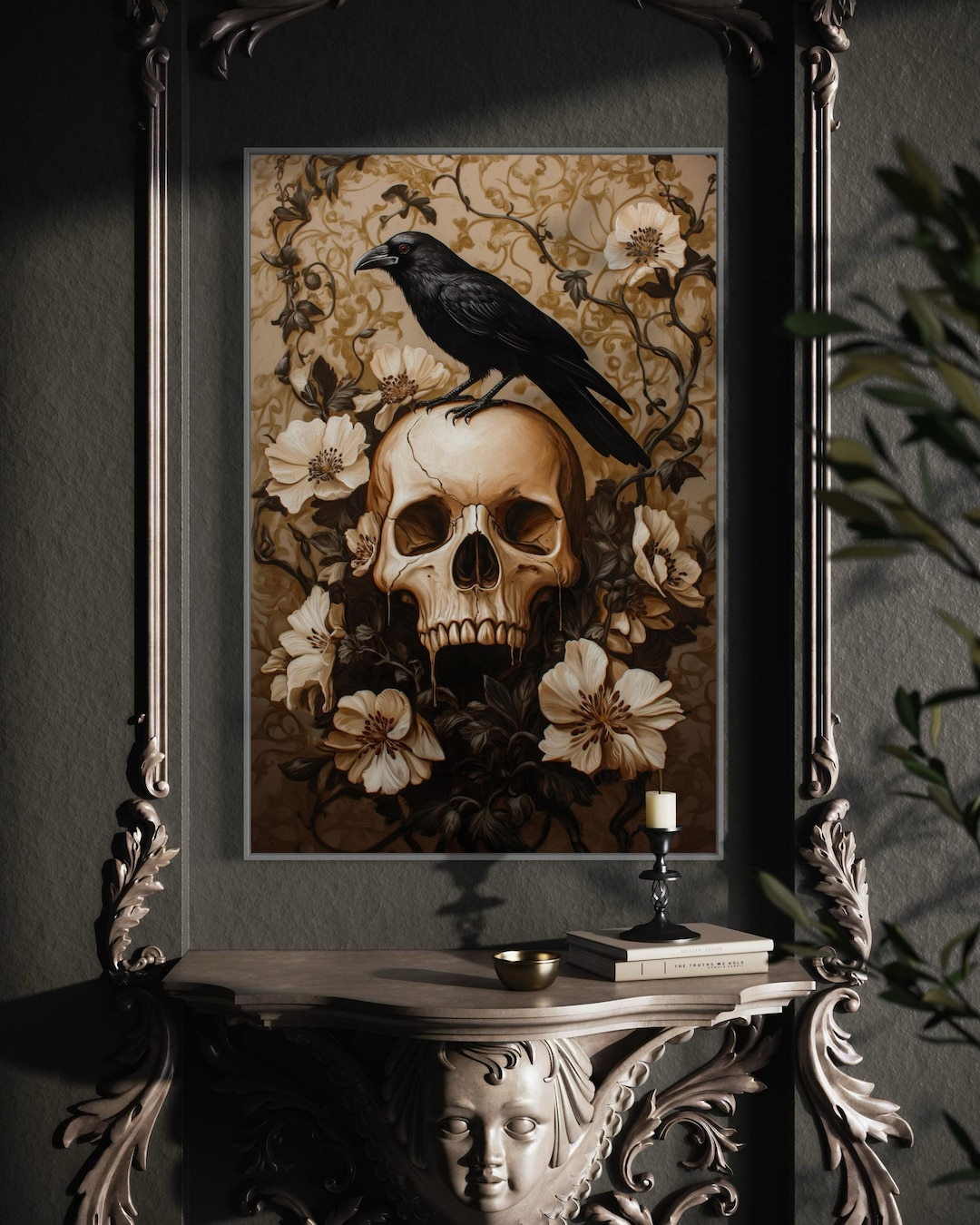 Gothic Raven and Skull Wall Art Mystical Dark Botanical Print for — free download