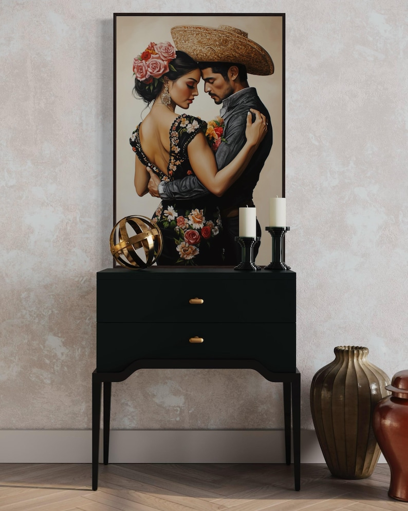 Romantic artwork of a Mexican couple in traditional attire, adorned with vibrant floral embroidery. Their intimate pose and exquisite details evoke passion and cultural elegance, perfect for adding warmth and charm to your home.