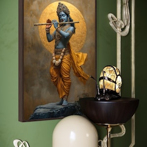 Immerse yourself in divine grace with this exquisite art piece of Lord Krishna playing the flute. The vibrant colors and intricate details make it a captivating addition to any spiritual or cultural space.