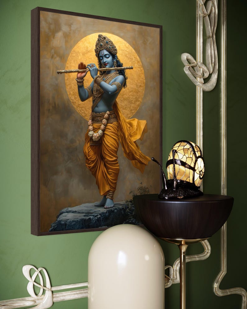 Immerse yourself in divine grace with this exquisite art piece of Lord Krishna playing the flute. The vibrant colors and intricate details make it a captivating addition to any spiritual or cultural space.