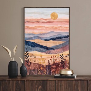 Boho Mountain Sunset Print – Minimalist Earth Tone Wall Art for Calm Room Decor