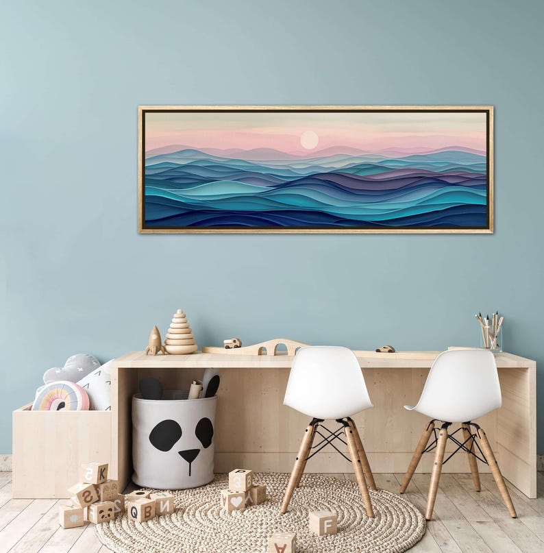 Stylized waves in soothing dusk hues, where serene blues meld into soft pinks, encapsulating the peaceful embrace of the evening by the sea.