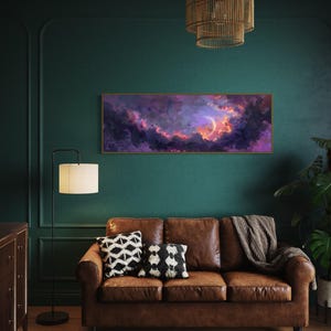 Dive into the ethereal beauty of a crescent moon cradled by vivid clouds in a surreal dreamscape. This stunning painting captures the enchanting dance of light and color, perfect for bringing a touch of wonder to any space.