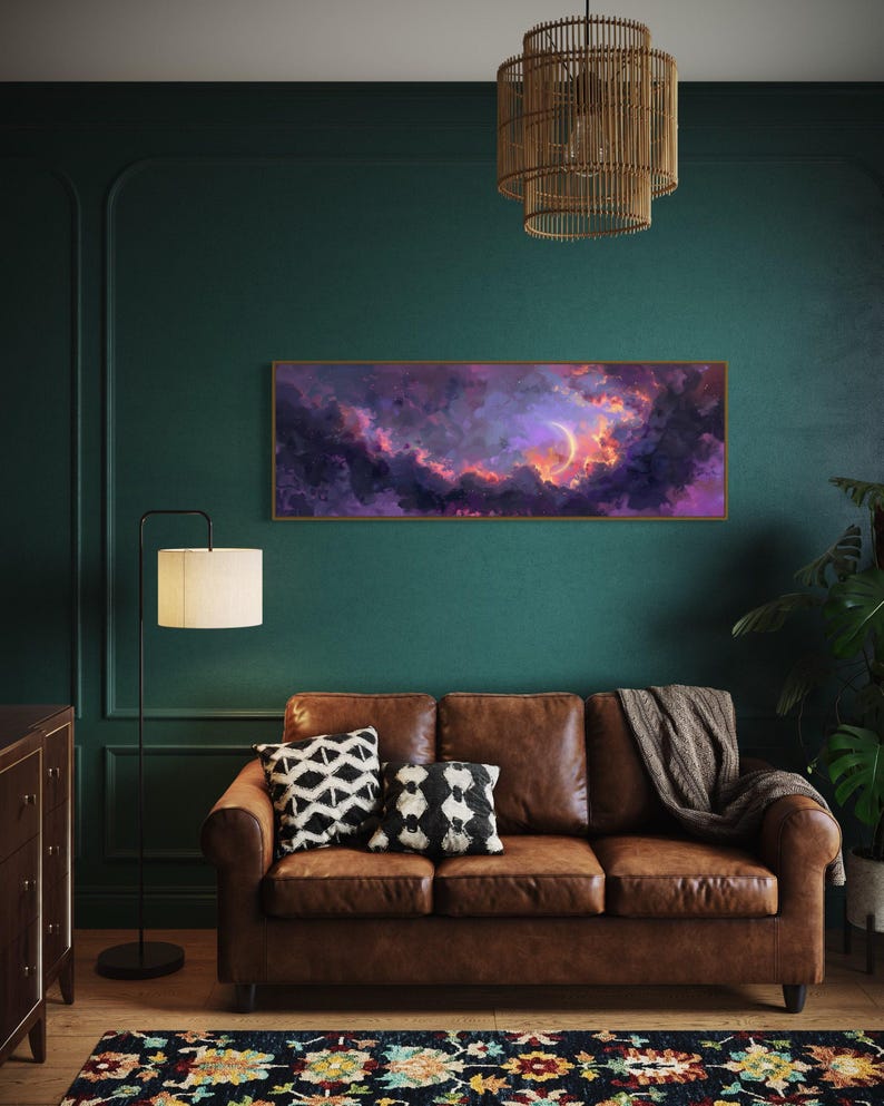 Dive into the ethereal beauty of a crescent moon cradled by vivid clouds in a surreal dreamscape. This stunning painting captures the enchanting dance of light and color, perfect for bringing a touch of wonder to any space.