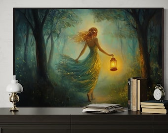 Lámina artística Mujer del Bosque Místico – Arte de pared de la Dama de la Linterna Encantada, Lámina de pintura de naturaleza etérea, Decoración de bosque fantástico en lienzo o papel