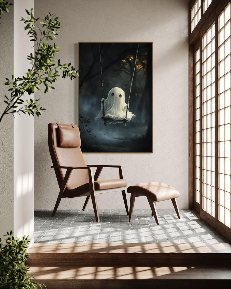Cute Ghost on Swing - Mystical Forest Halloween Art Print for Spooky ...