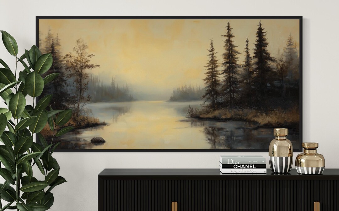Misty Pine Forest Wall Art – Moody Lake Reflection Landscape Print - Etsy