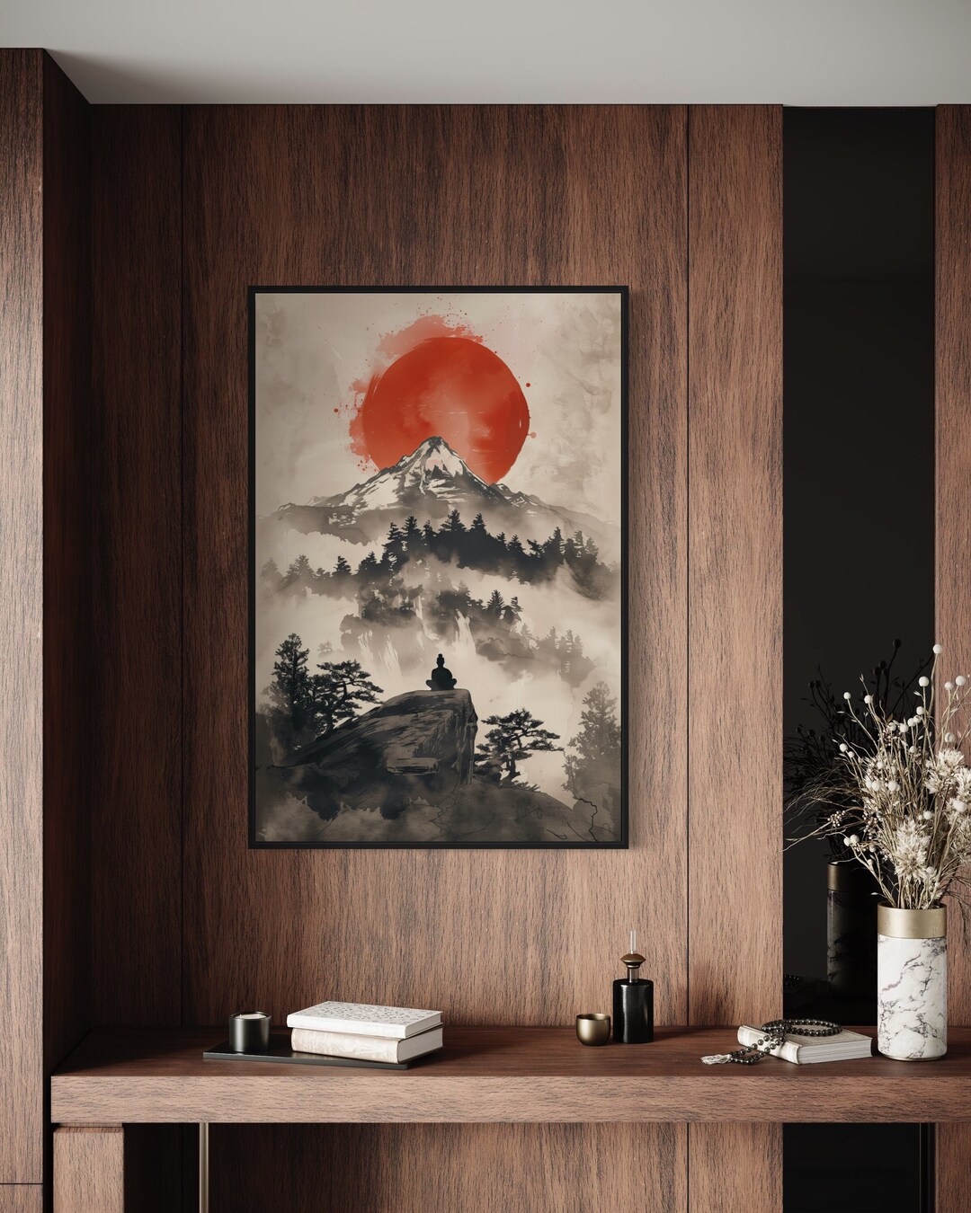 Zen Mountain Scene - Japanese Ink Art Print for Relaxing Wall Art ...