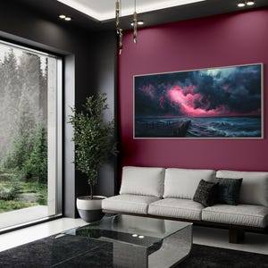 This dramatic storm canvas captures a dark ocean scene with a striking pink lightning sky over a wooden pier. The moody waves and vibrant storm clouds create a bold statement piece. Perfect for lovers of dramatic nature art, coastal décor.