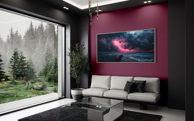 This dramatic storm canvas captures a dark ocean scene with a striking pink lightning sky over a wooden pier. The moody waves and vibrant storm clouds create a bold statement piece. Perfect for lovers of dramatic nature art, coastal décor.