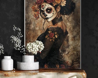 Dramatische kunst dag van de doden - mystieke gotische canvasafdruk voor Halloween-muurkunst en Latijns-Amerikaanse kunstdecoratie
